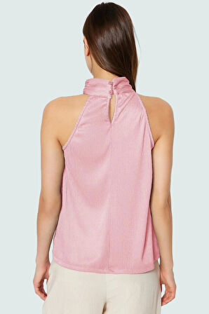 İş ve Günlük Kullanım İçin Polyester Örme Pilise Bluz Halter Yaka Profesyonel Görünüm