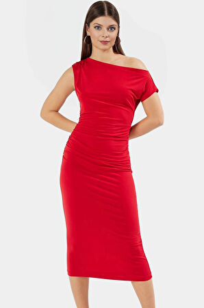 Rahat ve Şık Çok Midi Elbise Kayık Yaka Örme Kumaş Bodycon Konforlu Kesim Zarifane Tasarım