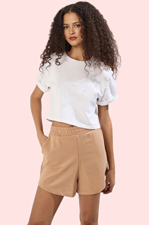 Kadın Kısa Şort Yüksek Bel Örme Kumaş Pamuk Günlük Ve Rahat Hafta Sonu Yaz Aylarının Vazgeçilmezi