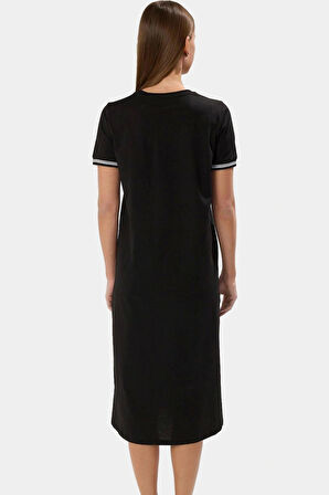 Yazlık Midi Elbise Örme Kumaş Bisiklet Yaka Relaxed Kalıp Yırtmaç Detayı Uzun Ömürlü