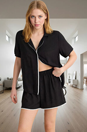 Şerit Detaylı Viskoz Pijama Takımı Yazlık Rahat Regular Kalıp Modern Stil Özenle Seçilmiş