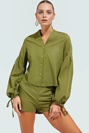 Pamuklu Oversize Bluz Şort Takım Dik Yaka Reglan Kol Yazlık Şık Görünüm Özel Tasarım