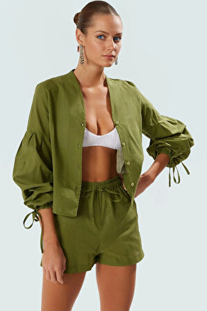 Pamuklu Oversize Bluz Şort Takım Dik Yaka Reglan Kol Yazlık Şık Görünüm Özel Tasarım