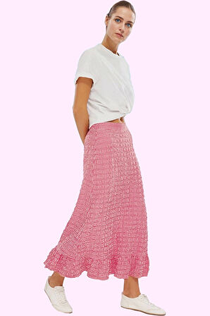 Kadın Yazlık Ekose Balık Etek Polyester Elastan Gofre Dokuma Maxi Boy Yaz Aylarının Vazgeçilmezi