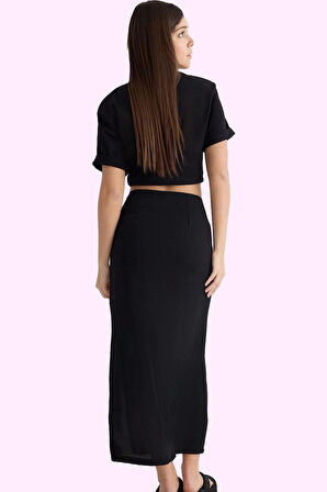 Kadın Düz Desenli Krep Midi Etek Bel Tokası Detayı Rahat Günlük Yaz Aylarının Vazgeçilmezi