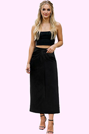 Kadın Düz Desenli Krep Midi Etek Bel Tokası Detayı Rahat Günlük Yaz Aylarının Vazgeçilmezi