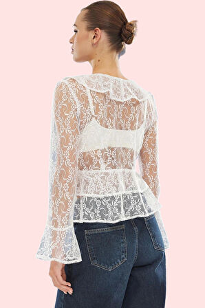 Kadın Dantel Bluz V Yaka Uzun Kollu Dokuma Kumaş Günlük Stil Hafta Sonu Yaz Aylarının Vazgeçilmezi