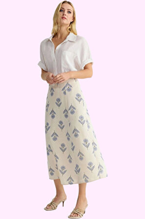 Kadın Dokuma Keten Karışımlı A Line Midi Etek Çiçek Desenli Yazlık Yaz Aylarının Vazgeçilmezi