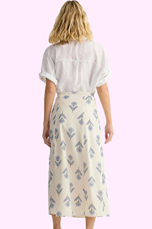 Kadın Dokuma Keten Karışımlı A Line Midi Etek Çiçek Desenli Yazlık Yaz Aylarının Vazgeçilmezi