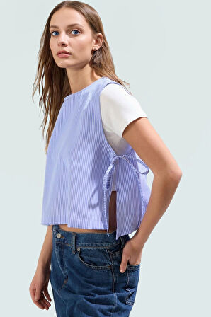 Kolsuz Çizgili Bluz Oversize Terrycotton Kumaş Bisiklet Yaka Yazlık Crop Kaliteli İşçilik