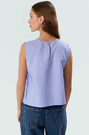 Kolsuz Çizgili Bluz Oversize Terrycotton Kumaş Bisiklet Yaka Yazlık Crop Kaliteli İşçilik