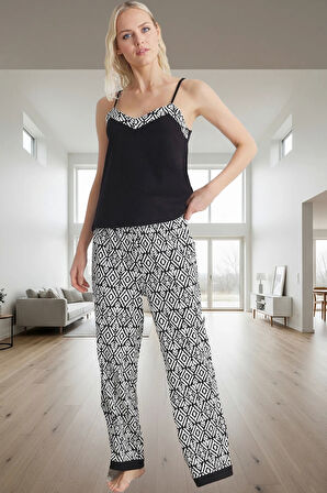 İnce Askılı V Yaka %100 Pamuklu Etnik Desenli Pijama Takımı Homewear Özenle Seçilmiş Uzun Ömürlü