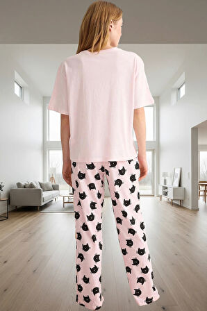 Pamuklu Örme Kedi Desenli Pijama Takımı İlkbahar Sonbahar Şık Görünüm Modern Stil