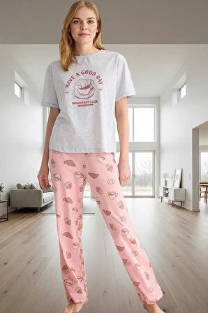 Melanj Baskılı Örme Pijama Takımı Ev Konforu İçin Özenle Seçilmiş Yüksek Kalite Şık Görünüm