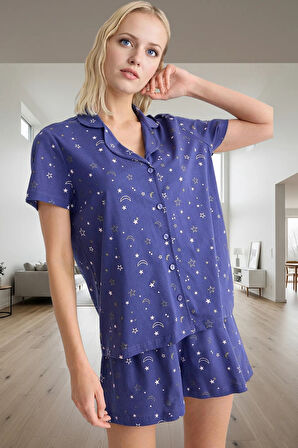 Kısa Kollu Örme Pijama Takımı Yıldız Desenli Nefes Alan Kumaş Profesyonel Görünüm Rahat Ve Şık