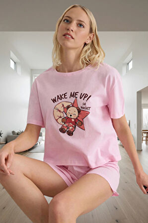 Yazlık Homewear Rahat Pijama Takımı Ayıcıklı Desen %100 Pamuk Profesyonel Görünüm