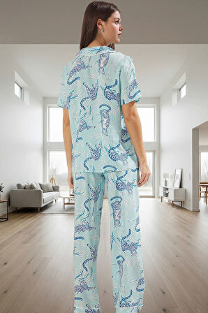 Rahat ve Şık Hayvan Desenli Viskoz Pijama Takımı Tüm Sezonlar İçin Trend Tasarım