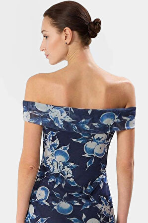 Kolsuz Örme Elbise Bodycon Kesim Çiçek Desen Tül Dokuma 130 cm Boy Konforlu