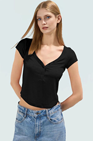 Crop Kısa Kol Bluz V Yaka Fitted Poliviskon Kaşkorse Özenle Seçilmiş Uzun Ömürlü Modern Stil