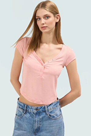 Crop Kısa Kol Bluz V Yaka Fitted Poliviskon Kaşkorse Özenle Seçilmiş Uzun Ömürlü Modern Stil