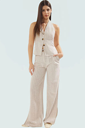 Yazlık Keten Görünümlü Çizgili Yelek Pantolon Takım Modern ve Şık Uzun Ömürlü