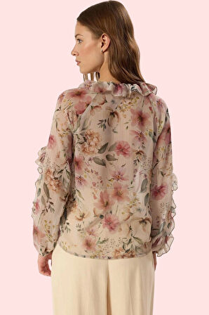 Kadın Şifon Gömlek Regular Kalıp Uzun Kol Çiçekli Desen Polyester Yaz Aylarının Vazgeçilmezi