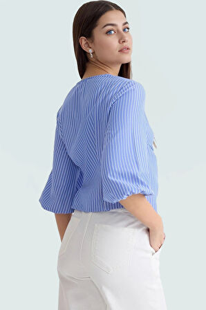 V Yaka Bluz Terrycotton Kumaş Fitted Kalıp Çizgili Günlük Kaliteli İşçilik Şık Görünüm