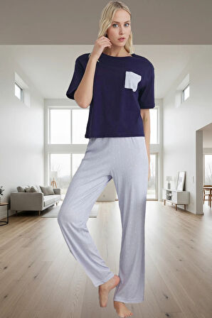 İlkbahar Sonbahar Homewear Pijama Takımı Pamuklu Cepli ve Regular Konforlu Kesim
