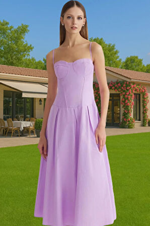 A Kesim Korse Midi Abiye Elbise Poplin Kumaş Özel Tasarım Zarifane Tasarım Uzun Ömürlü Şık Görünüm