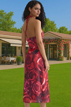 Saten Dokuma Midi Abiye Elbise A line Halter Yaka Çiçek Desenli Kaliteli İşçilik Dayanıklı Malzeme