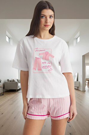 Çizgili Pamuklu Pijama Rahat Kesim Bisiklet Yaka Yazlık Modern Stil Seçkin Malzeme