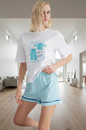 Çizgili Pamuklu Pijama Rahat Kesim Bisiklet Yaka Yazlık Modern Stil Seçkin Malzeme