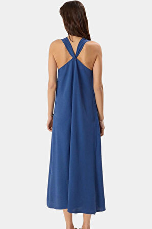 Cool & Comfort Maxi Elbise Polyester Dokuma V Yaka Düz Kesim Yazlık Uzun Ömürlü