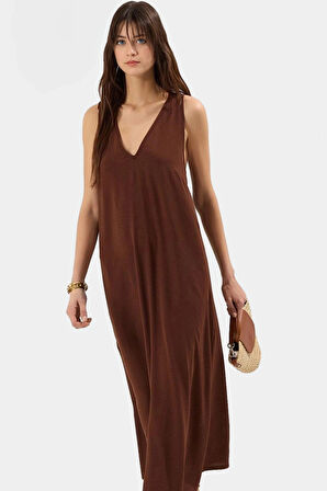 Cool & Comfort Maxi Elbise Polyester Dokuma V Yaka Düz Kesim Yazlık Uzun Ömürlü