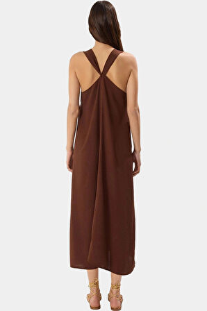 Cool & Comfort Maxi Elbise Polyester Dokuma V Yaka Düz Kesim Yazlık Uzun Ömürlü