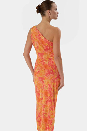 Tek Omuzlu Midi Elbise Vücuda Oturan Aksesuarlı Tül Örme Kumaş Dayanıklı Malzeme