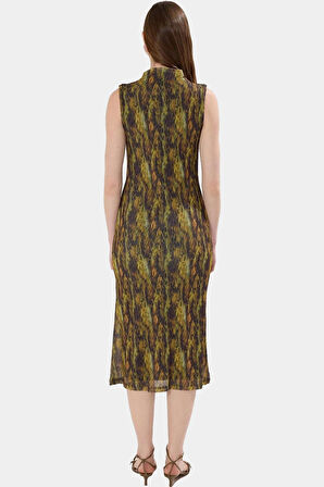 Şık Leopar Desenli Midi Elbise Astarlı Polyester Örme Kumaş Bodycon Kalıp Profesyonel Görünüm