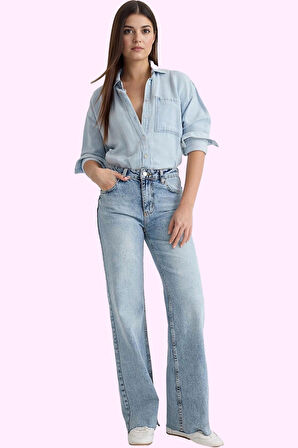 Kadın Denim Jean; Casual Wide Leg Pamuk Normal Bel Uzun Boy Günlük Kullanım Modern Tasarım