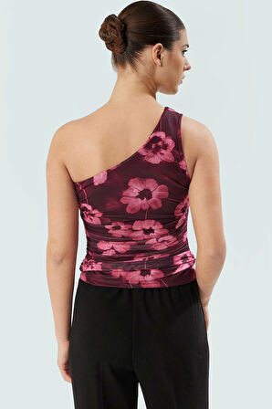 Asimetrik Yaka Kolsuz Fitted Örme Bluz Tül Kumaş Çiçek Desenli Rahat Özenle Seçilmiş