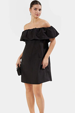 Pamuk Dokuma Terrycotton Mini Elbise Shift Kalıp Carmen Yaka Özel Tasarım