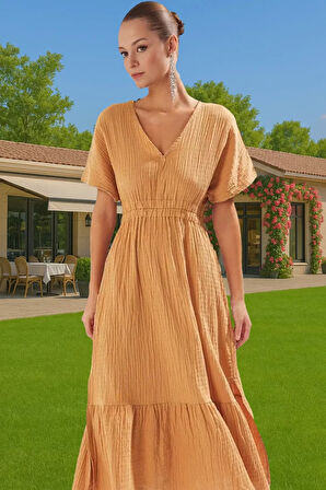 Şık Müslin Maxi Elbise Yazlık Plaj için Büzgü Detaylı Trend Tasarım Uzun Ömürlü Profesyonel Görünüm