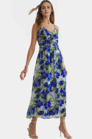 Astarlı Şifon Maxi Elbise Feminen V Yaka Çiçekli Desen Rahat Kalıp Konforlu Kesim Trend Tasarım