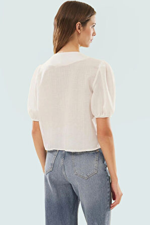 Dokuma Crinkle Bluz V Yaka Önü Bağlamalı Yazlık Modern Stil Dayanıklı Malzeme