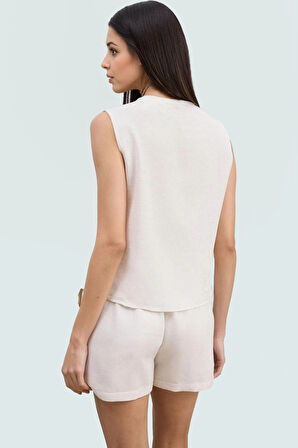 Kolsuz Bluz Keten Karışımı Bisiklet Yaka Rahat Yazlık Model Mükemmel Uyum