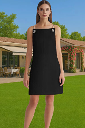 Yazlık A Kesim Mini Elbise 85%Polyester 15%Elastan Taş Detaylı Günlük Kullanım İçin Premium Kalite