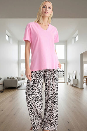 Leopar Desenli 2'li Pijama Takımı Pamuklu Viskon Regular Kalıp Kaliteli İşçilik Özel Tasarım