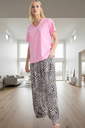 Leopar Desenli 2'li Pijama Takımı Pamuklu Viskon Regular Kalıp Kaliteli İşçilik Özel Tasarım