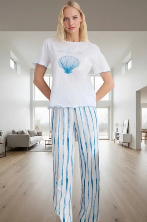100 Viskoz Örme Boru Paça Pijama Takımı Mix Baskı Çizgili Rahat Ve Şık Görünüm Yüksek Kalite