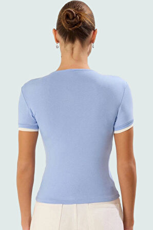 Renk Bloklu Pamuklu Bluz Rahat Fitted V Yaka Kısa Kollu Yazlık Ve Şık