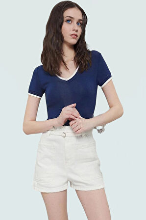 Renk Bloklu Pamuklu Bluz Rahat Fitted V Yaka Kısa Kollu Yazlık Ve Şık